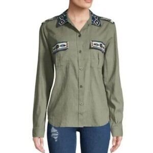Rails Kona Button Down Linen Blend  Embroidered Olive Green Shirt Jacket Size L